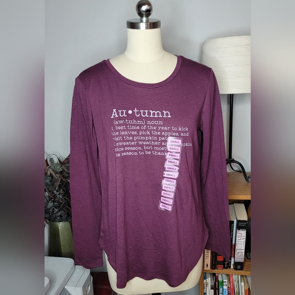 State of Mine Tshirt Long Sleeve Burgundy "Autumn" Print Size Small NWT